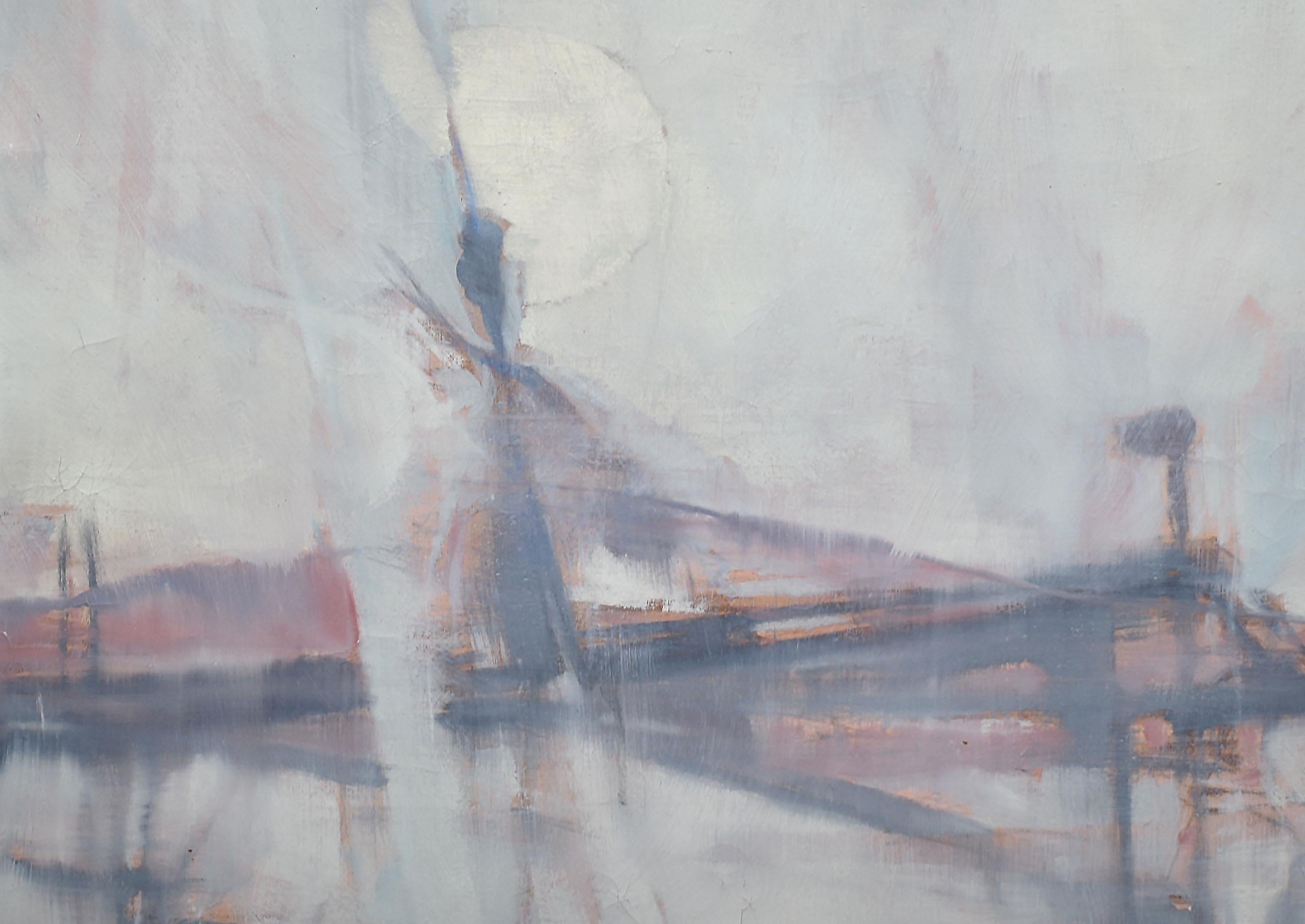 Peinture à l'huile américaine ancienne de paysage abstrait à l'huile représentant un pont, Will Hollingsworth en vente 3