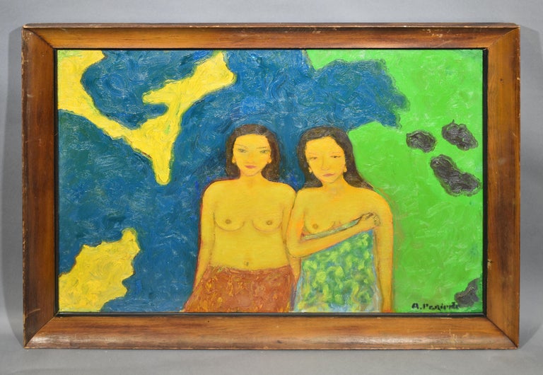 Modernist nude women in a fauvist landscape painting by Abraham Pariente.  Oil on canvas, circa 1980.  Signed lower right.  Displayed in a modernist frame.  Image size, 30