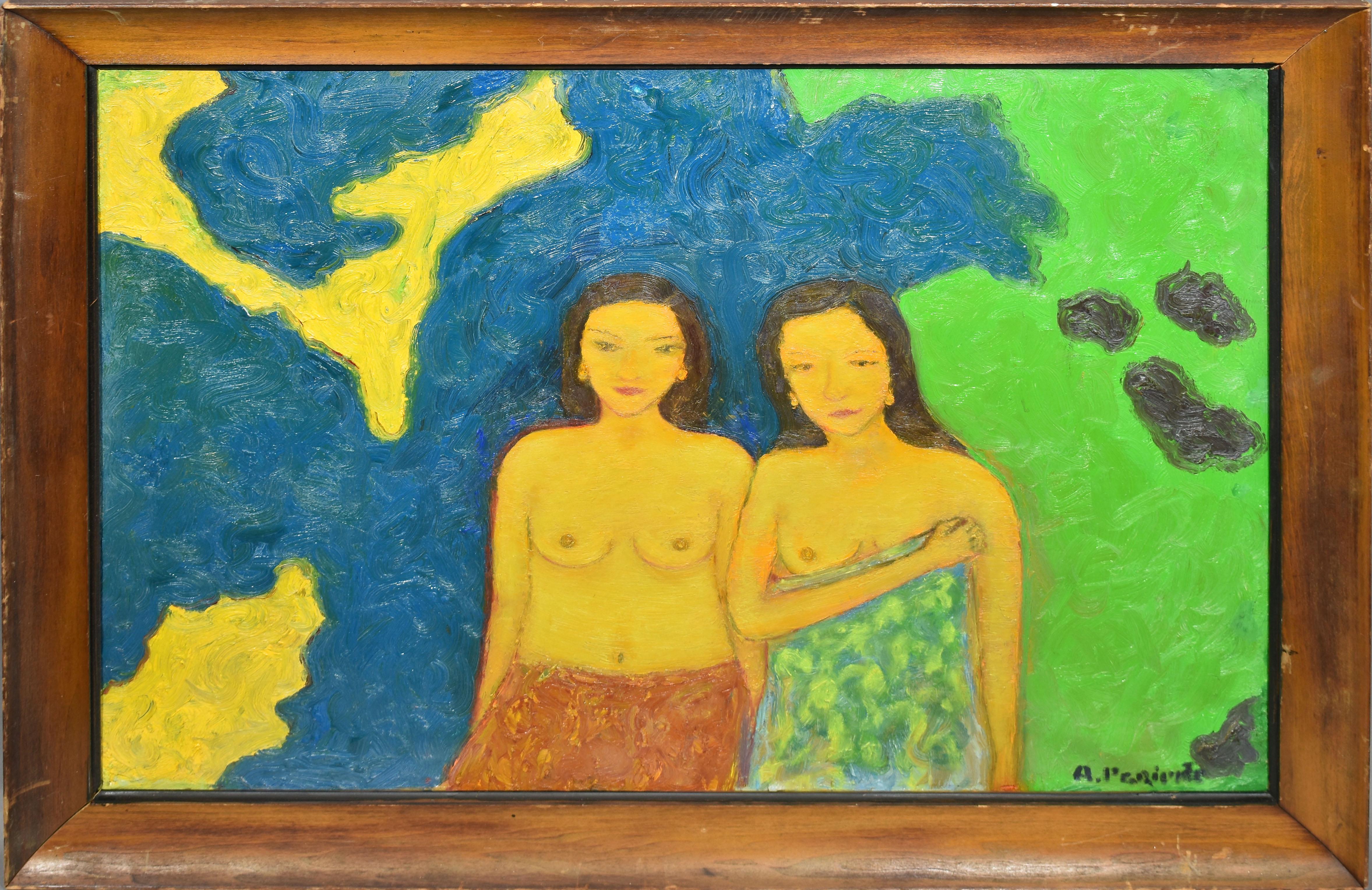 Peinture vintage fauviste d'origine représentant des femmes nues, paysage, signée Abraham Pariente