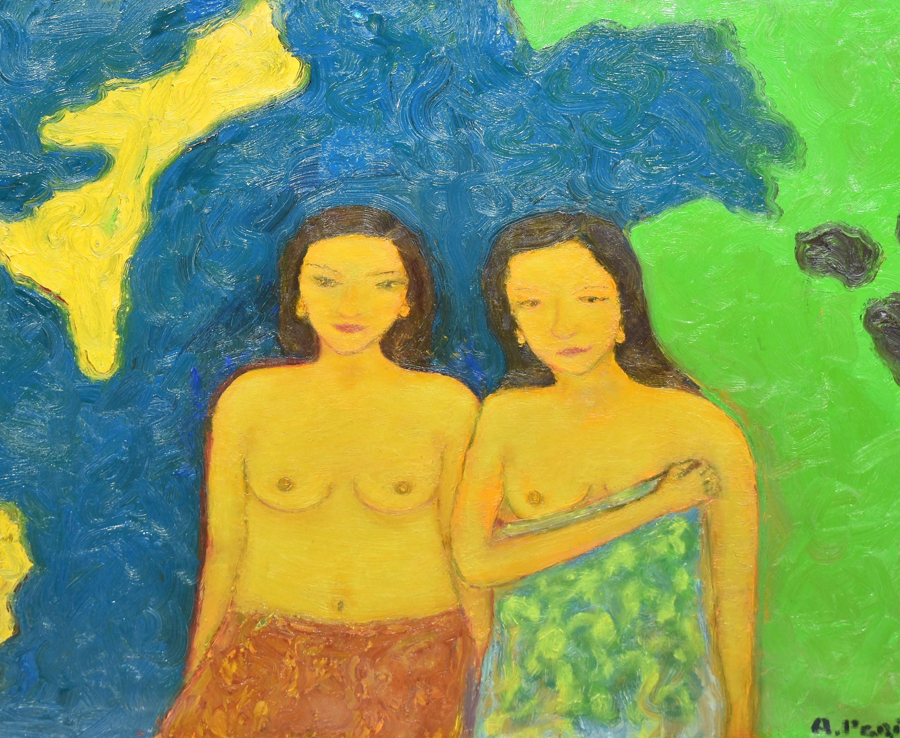 Vintage Fauvist Nude Women Landscape Original Signed Painting Abraham Pariente For Sale 1