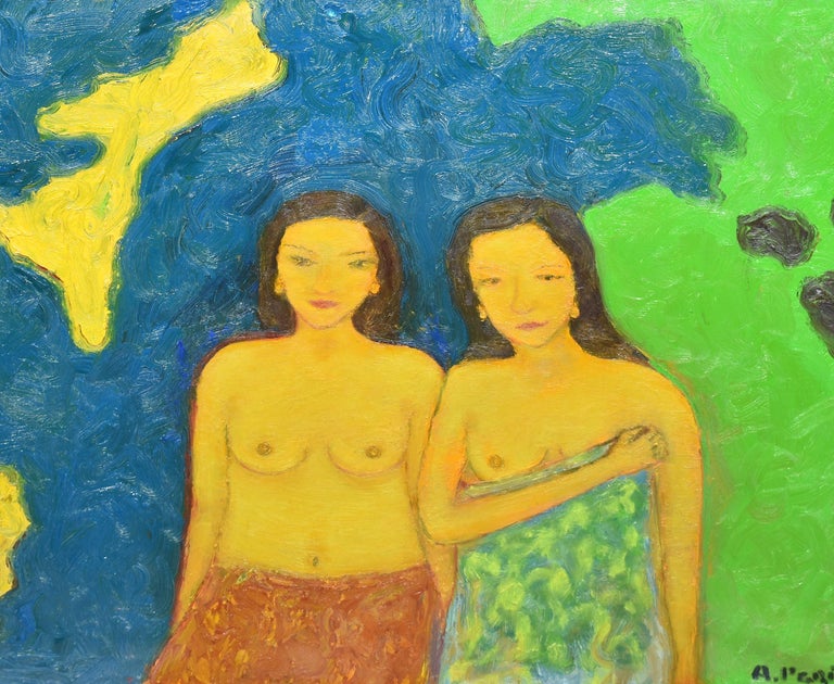 Vintage Fauvist Nude Women Landscape Original Signed Painting Abraham Pariente For Sale 2