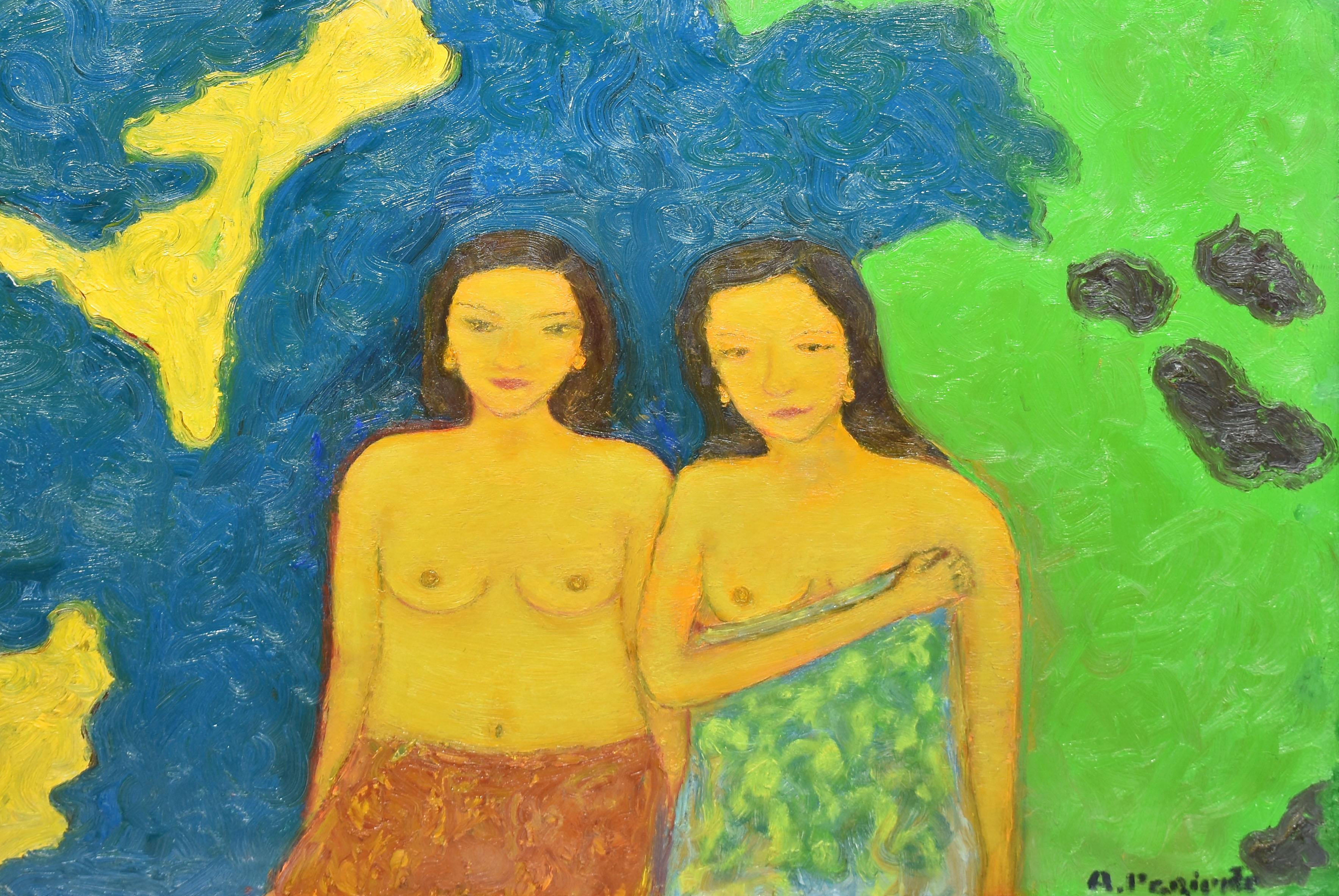 Vintage Fauvist Nude Women Landscape Original Signed Painting Abraham Pariente For Sale 2