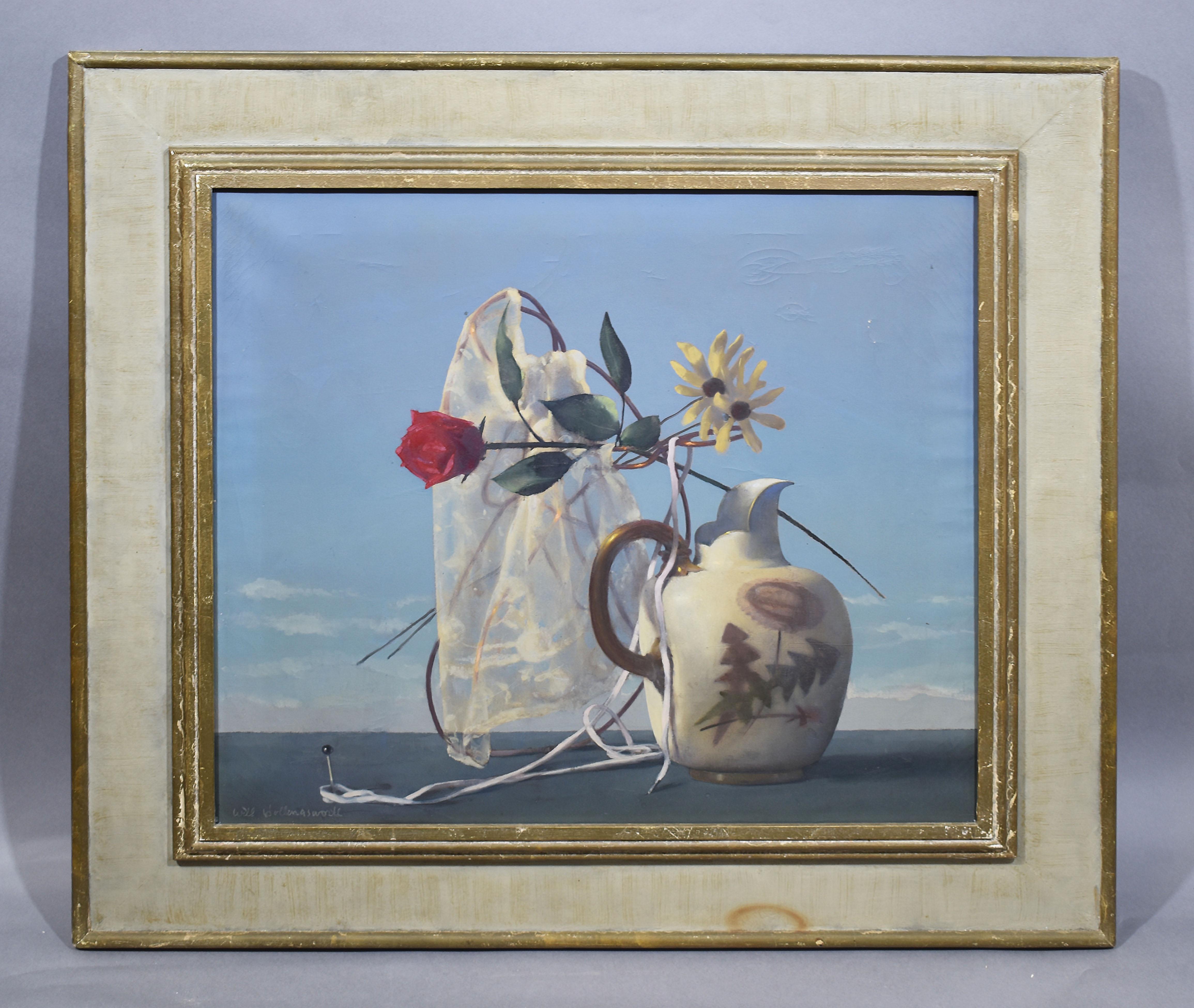 Antique American 1940s Surreal Landscape and Flower Still Life Oil Painting  (Grau), Still-Life Painting, von Will Hollingsworth