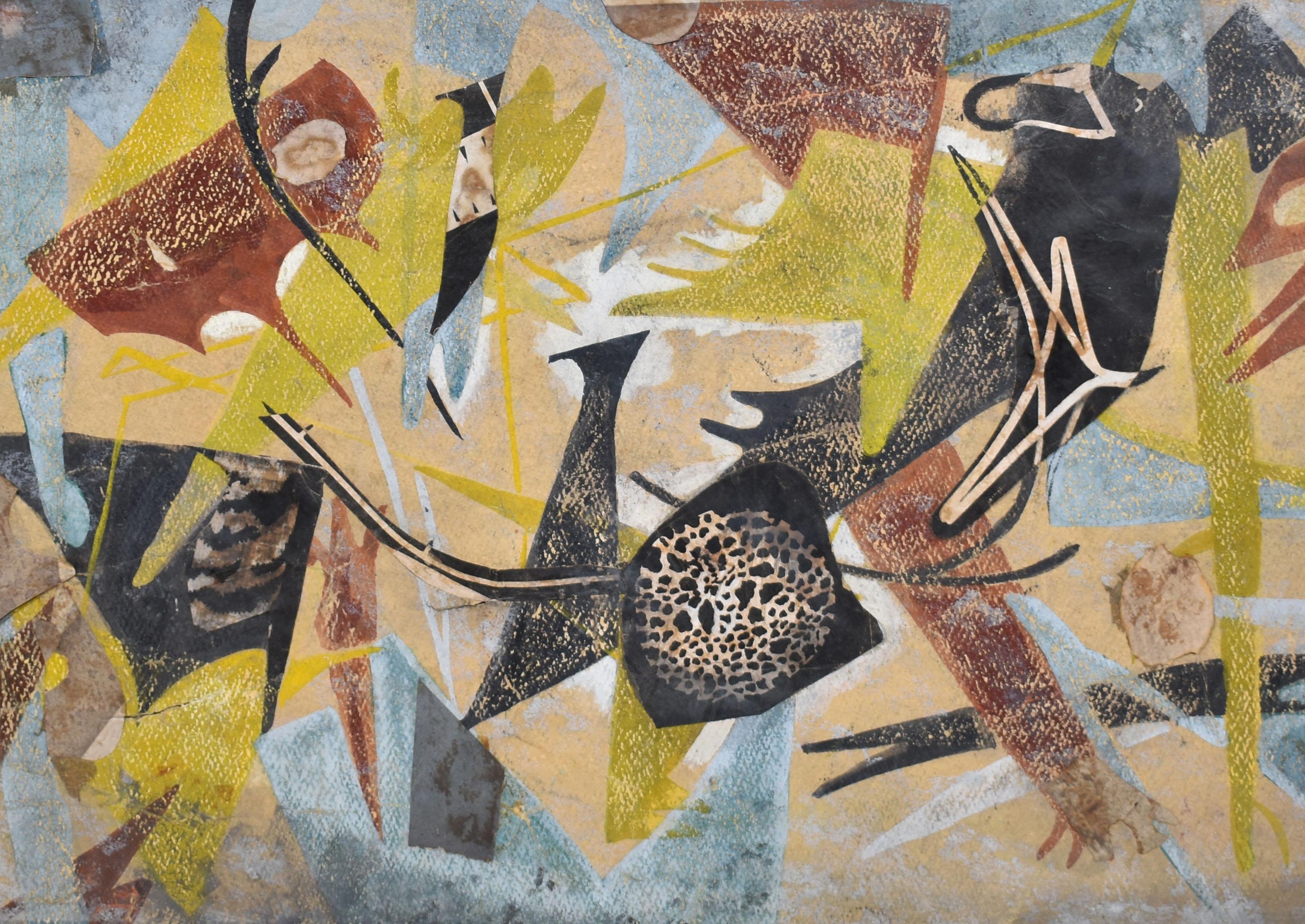Antique cubist composition by Ruth Rowe (b.1916).  Gouche and watercolor on board, circa 1940.  Unsigned.  Displayed in a period modernist frame.  Image size, 21