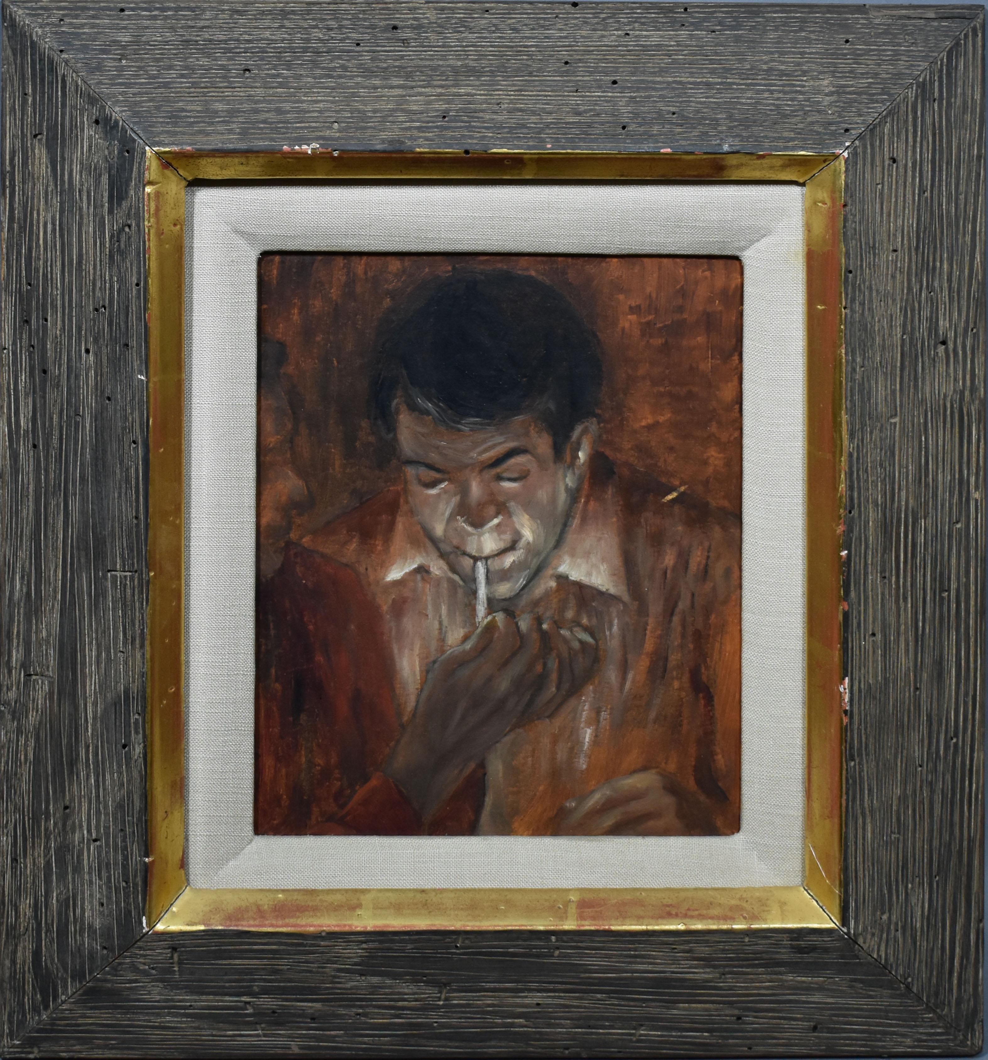Carl Laughlin  (born 1926) Interior Painting - Antique American Modernist WPA Male Smoking Portrait Oil Painting  Carl Laughlin