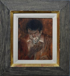 Antique American Modernist WPA Male Smoking Portrait Oil Painting  Carl Laughlin