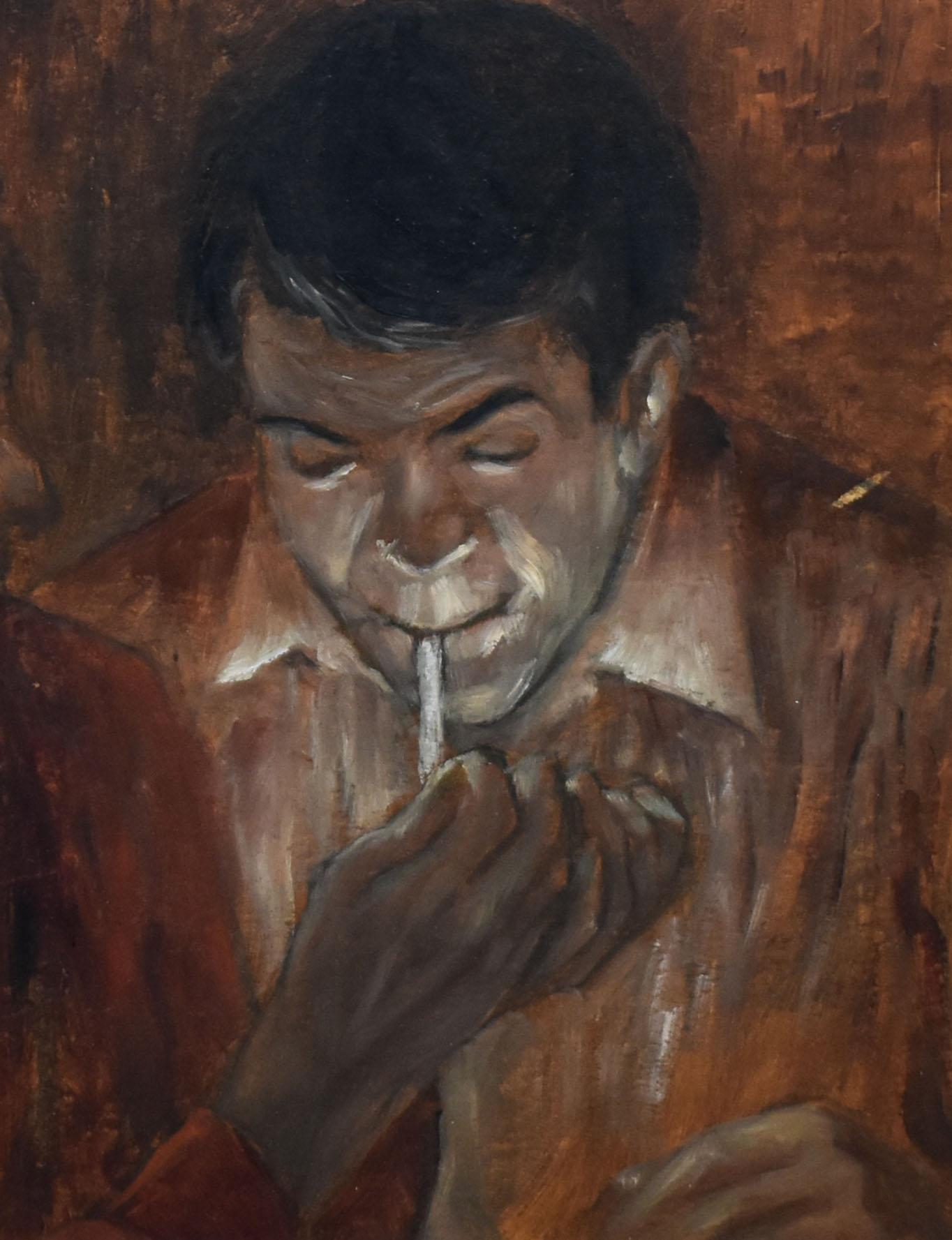 Modernist portrait painting of a man smoking by Carl Laughlin  (born 1926).   Oil on board, circa 1945.  Signed on back.  Displayed in a modernist frame.  Image size, 8