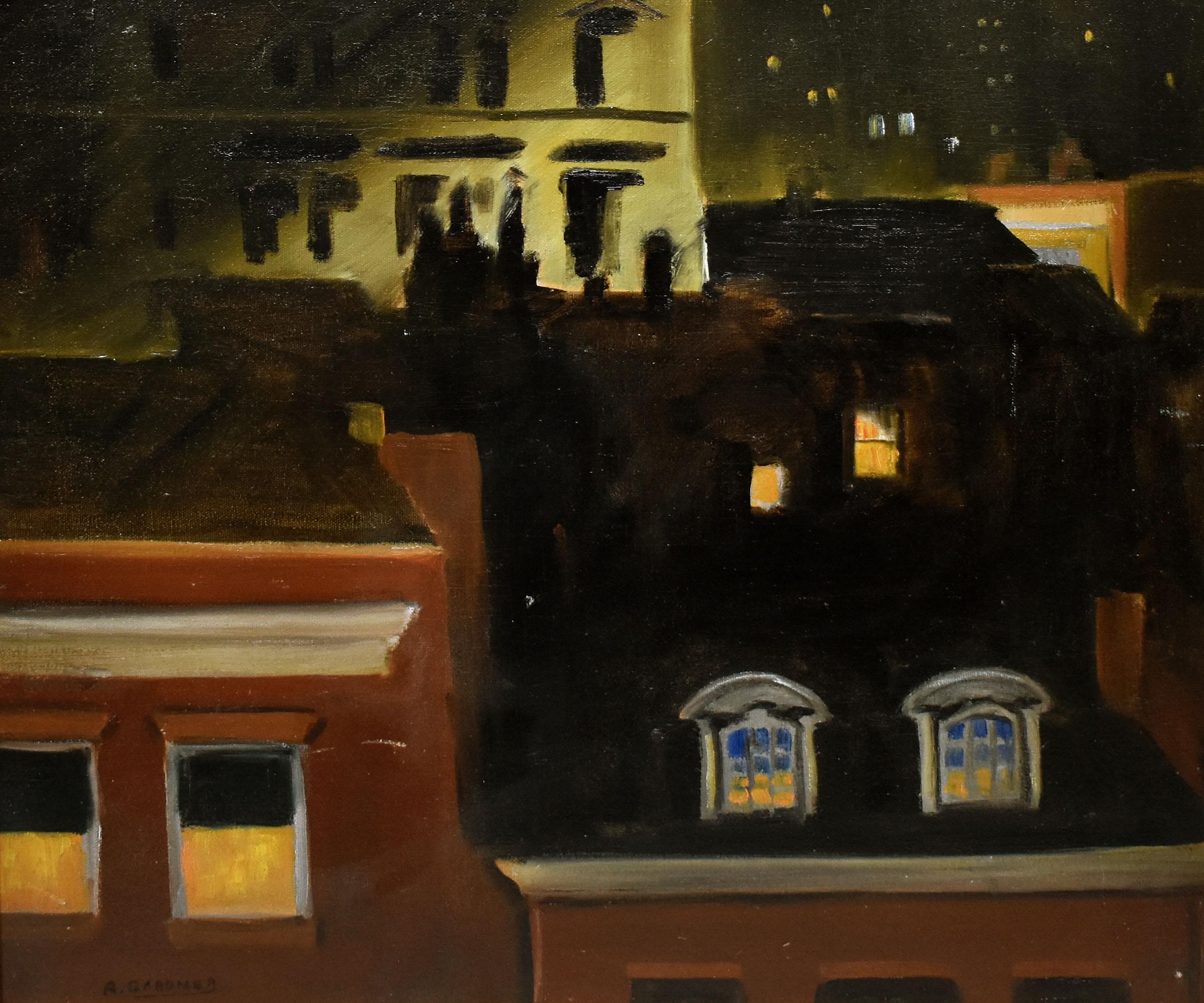 Antique American Female Modernist Nocturnal Cityscape Ashcan NYC Oil Painting - Black Landscape Painting by Adelaide Morris Gardner