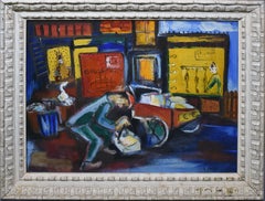 Peinture à l'huile originale d'Hélène Malta - Paysage urbain moderniste - Scène de chariot de rue