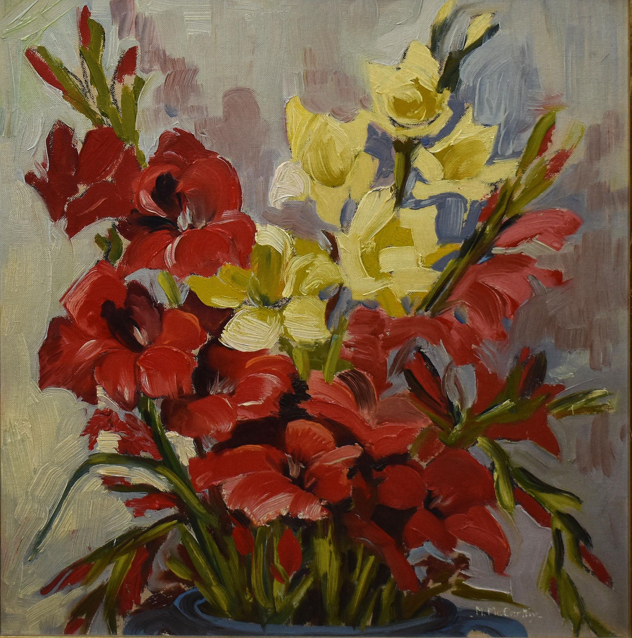 Antique American Impressionist Flower Still Life Signed Oil Painting, Mary Beich - Gray Still-Life Painting by Mary Beich 