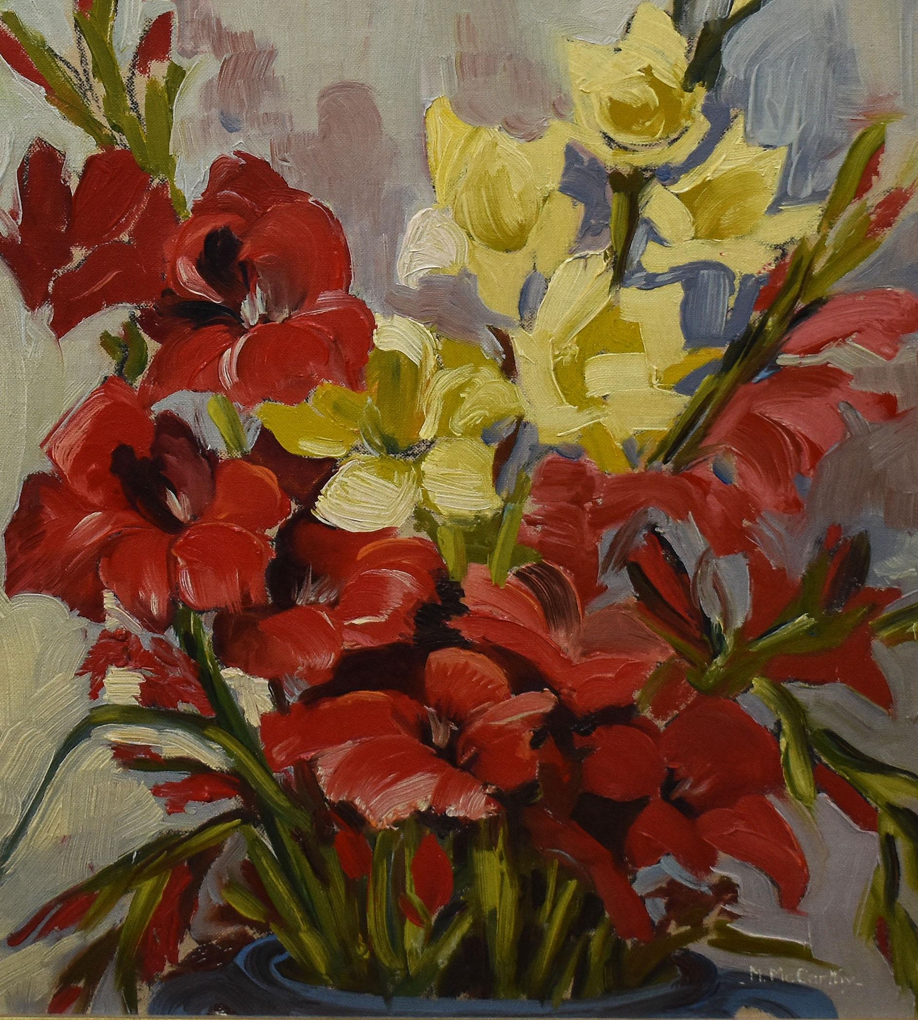 Modernist stil life of flowers by Mary Beich  (1917 - 2002).   Oil on board, circa 1945.  Signed lower right.  Displayed in a modernist frame.  Image size, 14