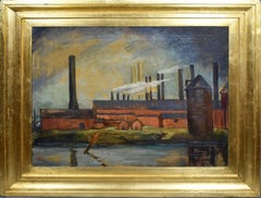 Antique American Modernist Industrial Philadelphia Factory Signed Oil Painting