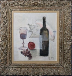 Vintage Paris Modern Still Life With Wine and Grapes Painting, Jean Pierre Zingg