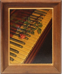 Antique American Surreal Rose Still Life on Piano Modernist Oil Painting