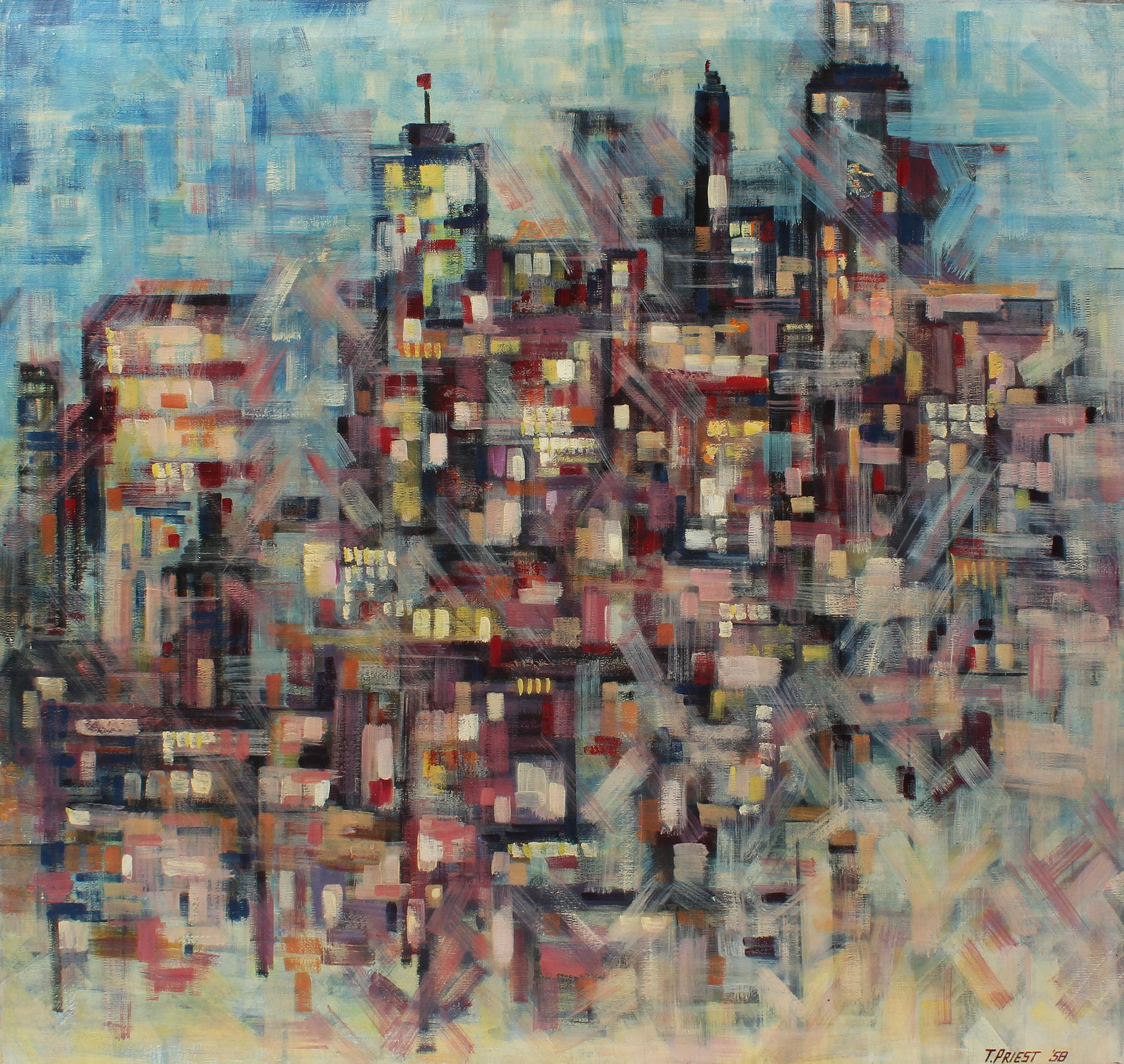 Modernist abstract cityscape painting by Terri Priest  (1928 - 2014).  Oil on canvas, circa 1958.  Signed lower right.  Displayed in a modernist frame.  Image size, 35