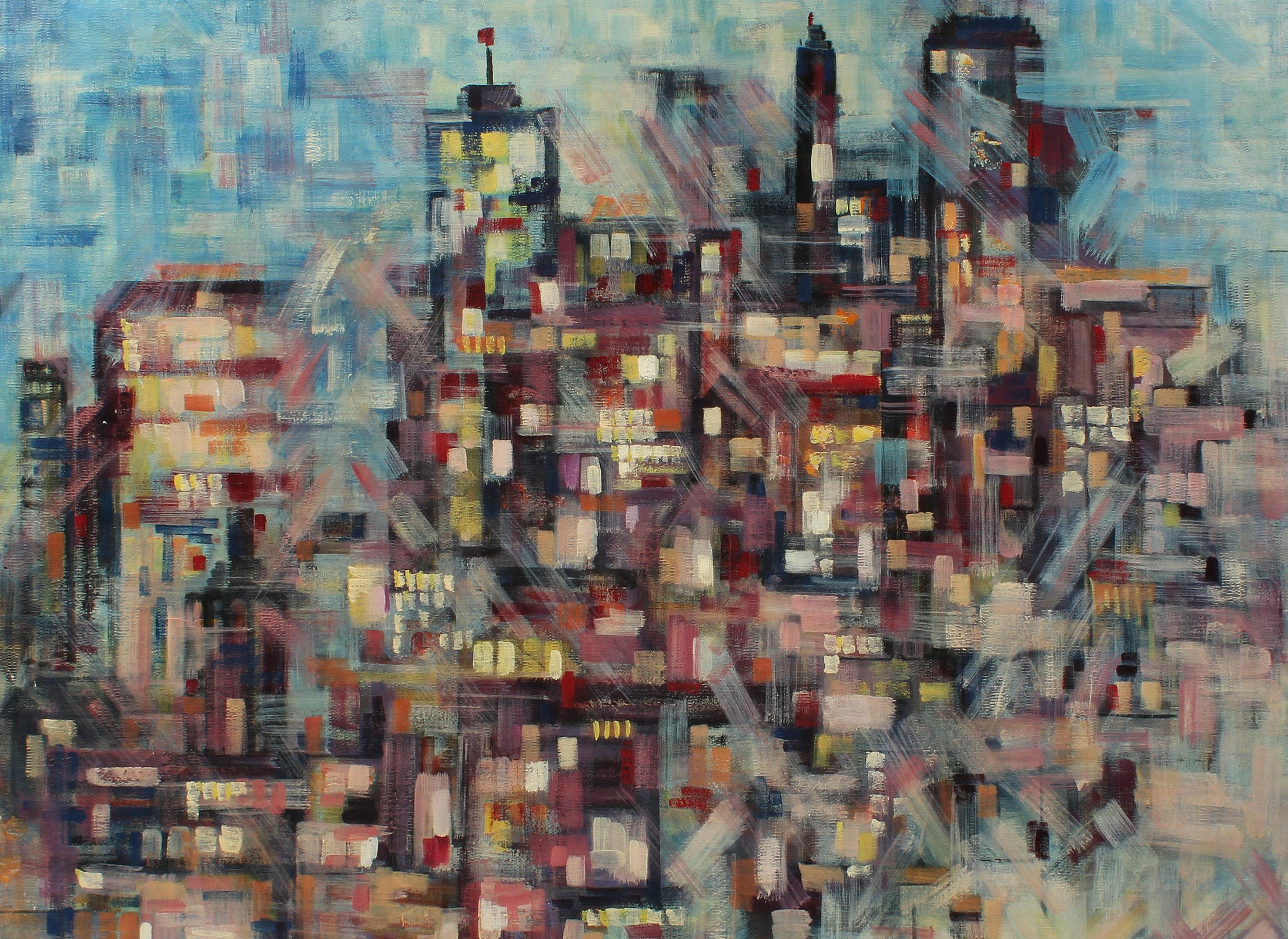 American Mid Century Modern Boston Abstract Cityscape Oil Painting Terri Priest 1