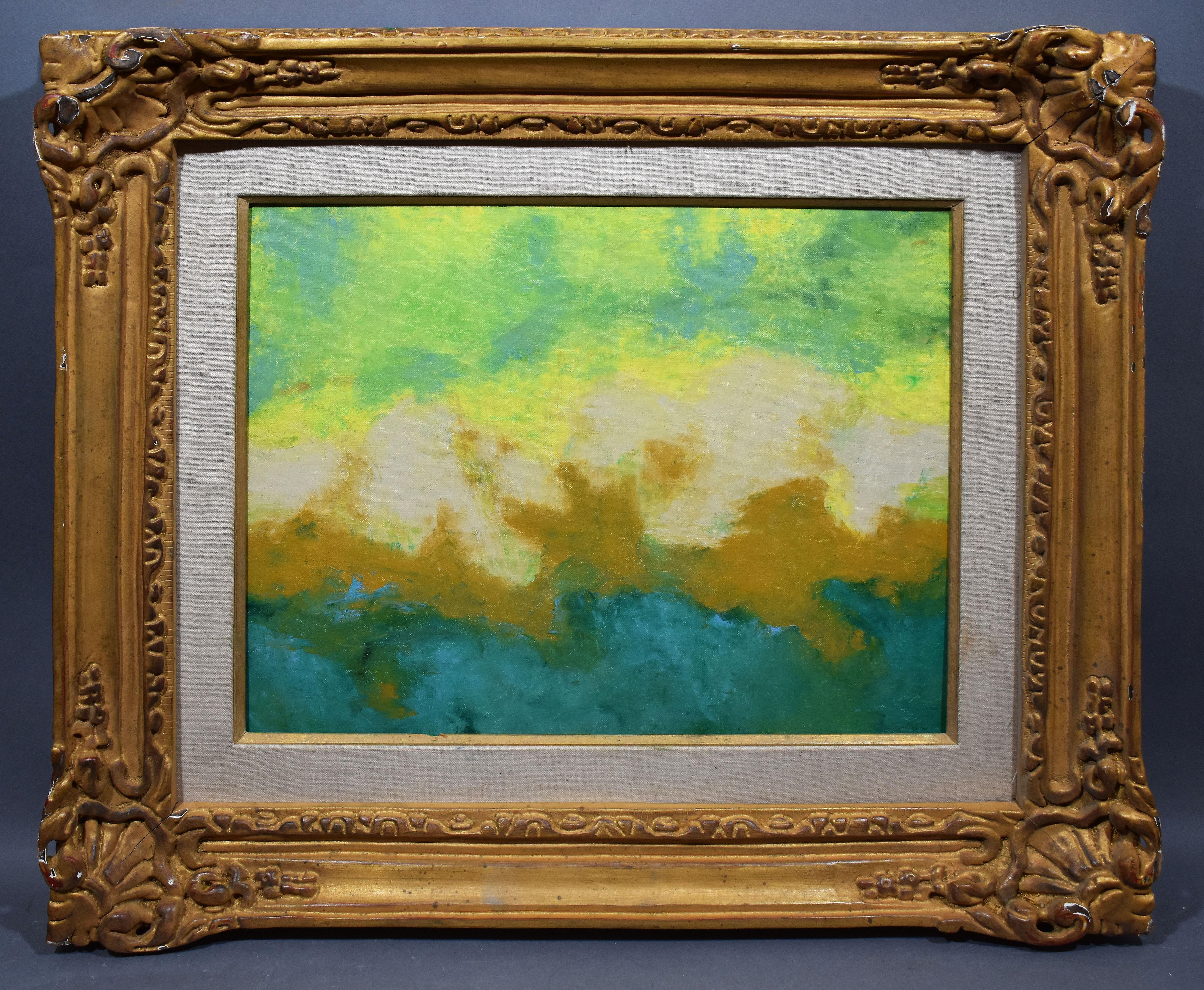 Modernist abstract landscape painting by Abraham Pariente.  Oil on board, circa 1980.  Signed on verso.  Displayed in a modernist frame.  Image size, 21.5