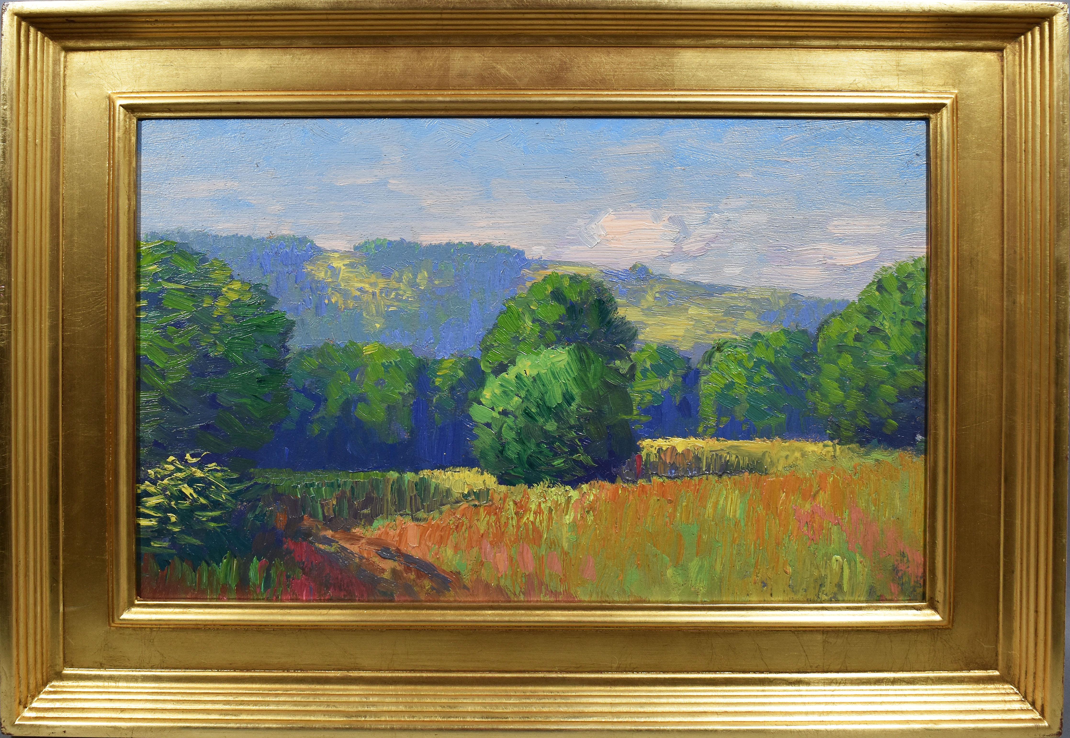 Will Hutchins Landscape Painting - Antique American Impressionist Wild Flower Panoramic Landscape Summer Painting