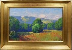 Antique American Impressionist Wild Flower Panoramic Landscape Summer Painting