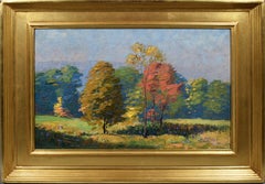 Antique American Impressionist Wild Flower Panoramic Landscape Fall Oil Painting