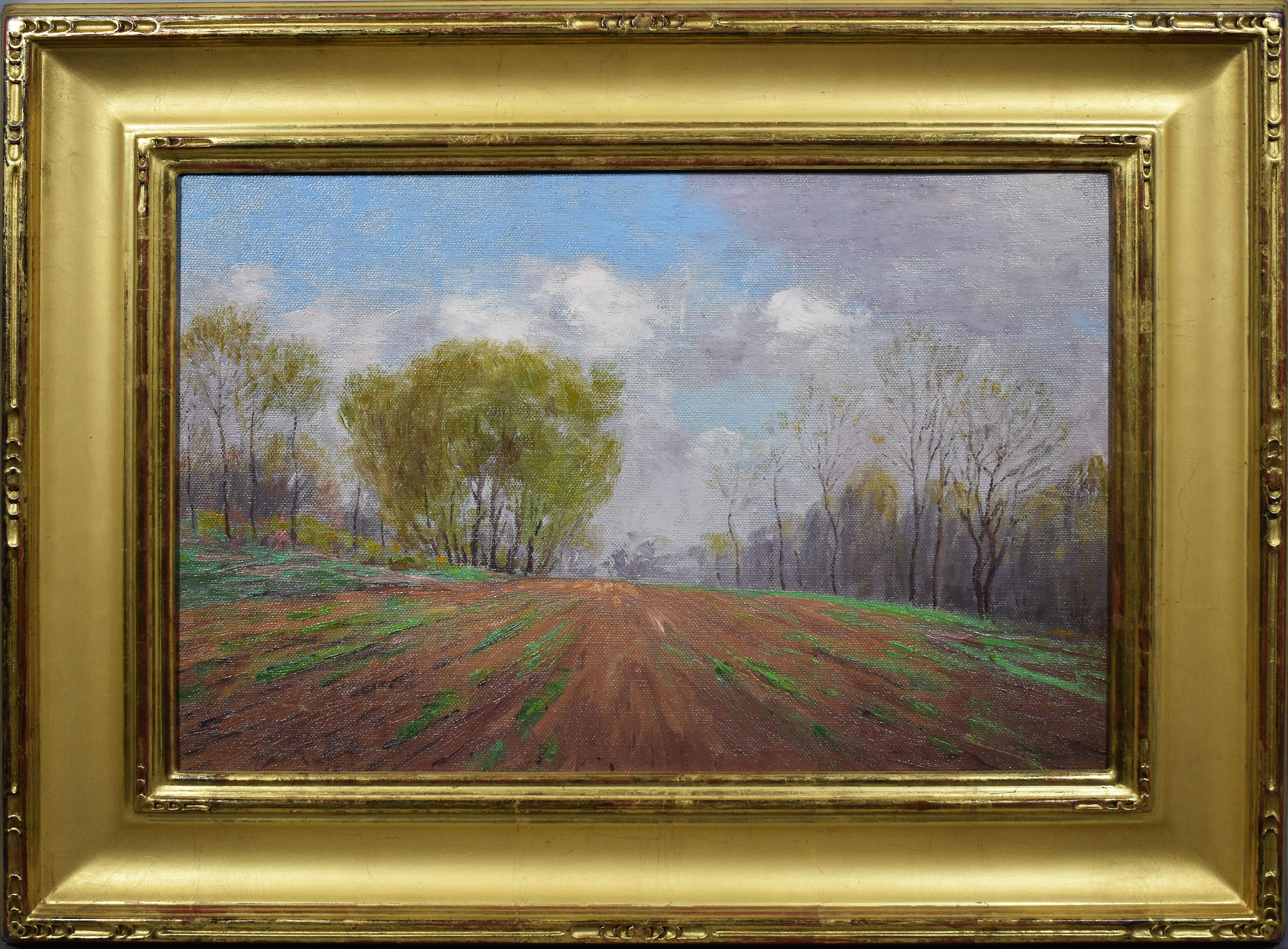 Will Hutchins Landscape Painting - Antique American Impressionist Wild Flower Panoramic Landscape Fall Oil Painting