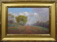 Ancienne peinture à l'huile impressionniste américaine d'un paysage à fleurs sauvages en panneau, automne