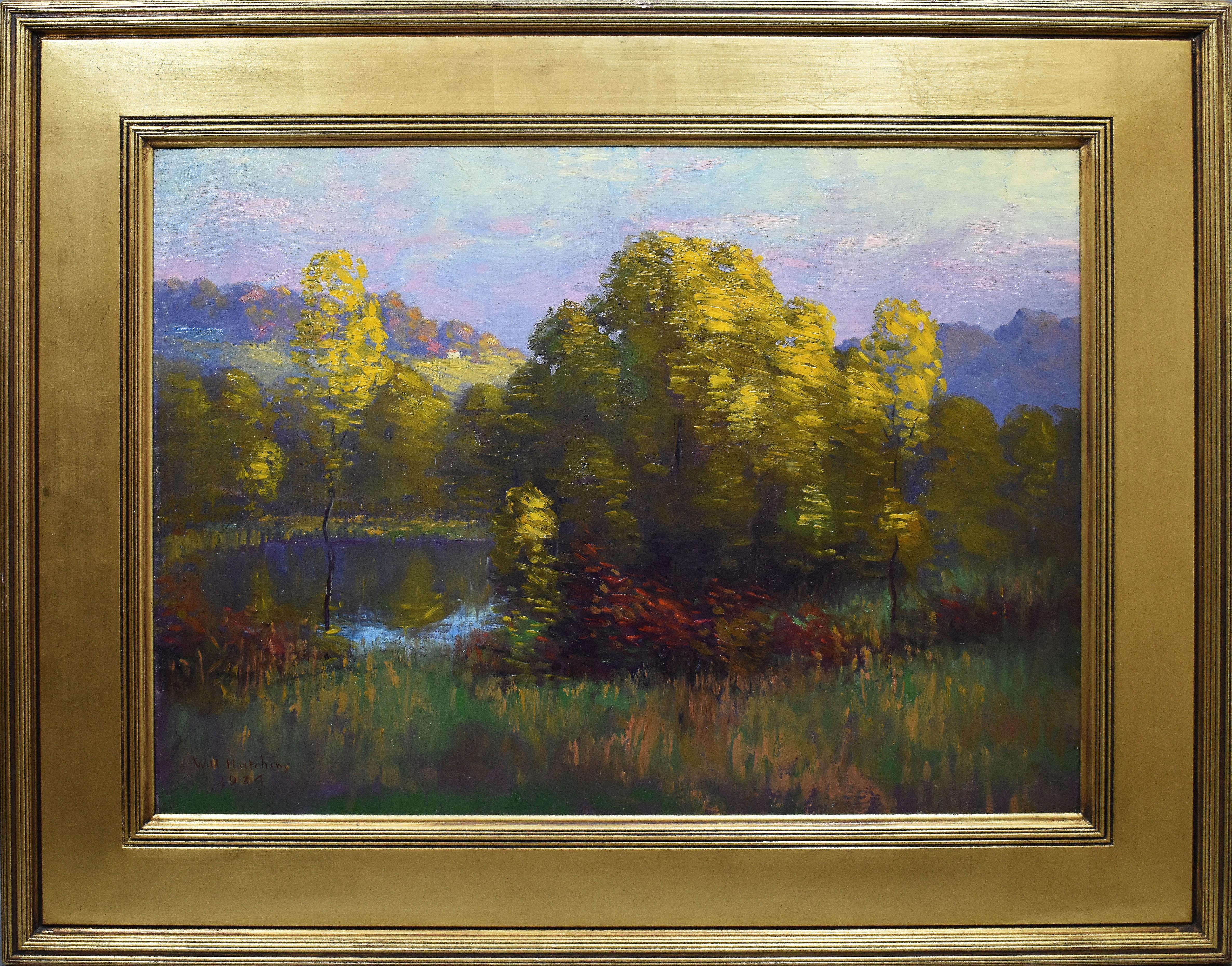 Antique American Impressionist Fall Lake Landscape 1924 Signed  Oil Painting