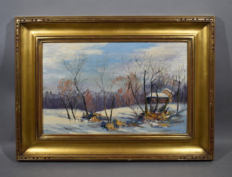 Antique American Impressionist Winter Snow Landscape Signed Oil Painting - Brown Landscape Painting by Will Hutchins