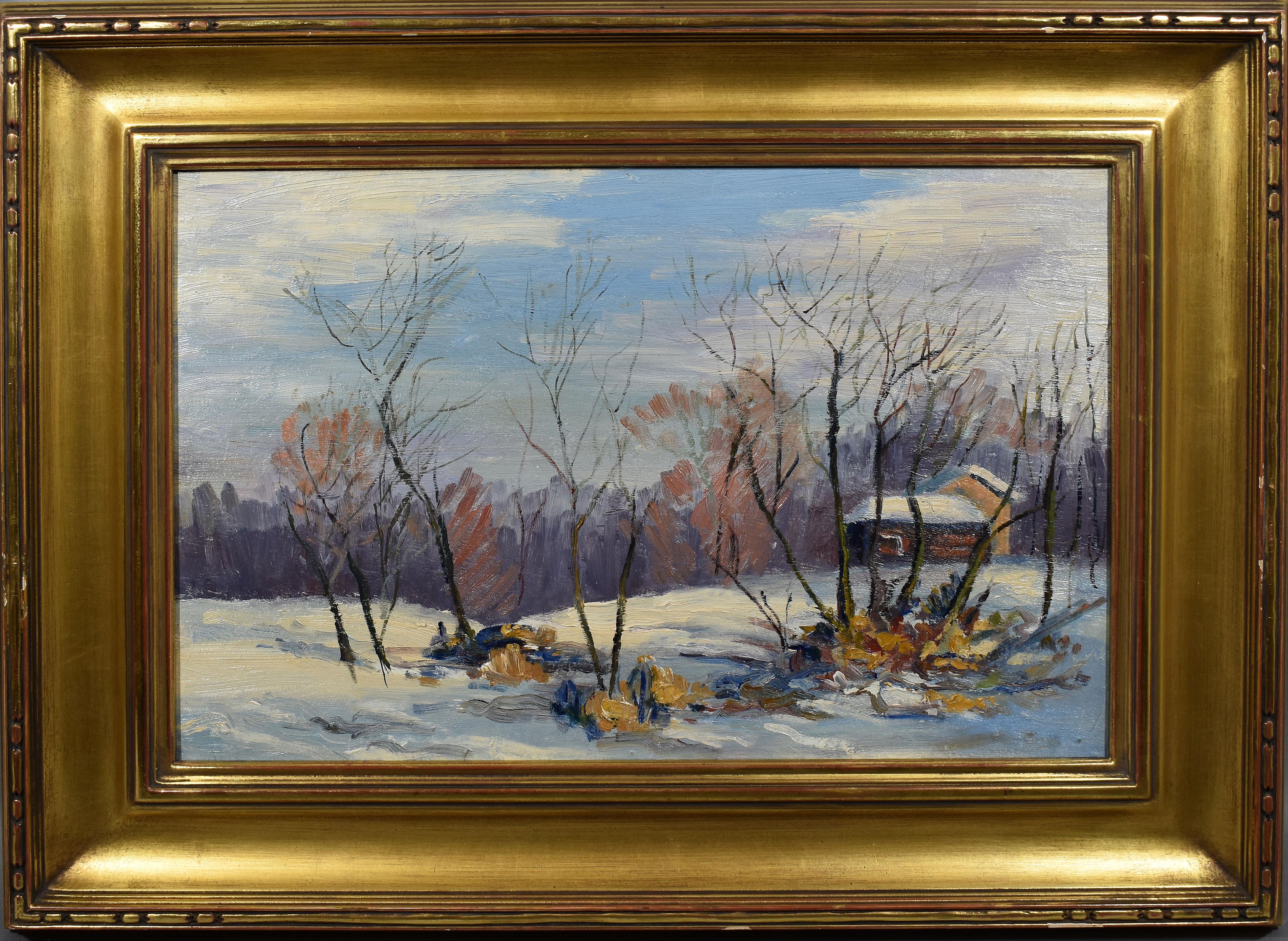 Antique American Impressionist Winter Snow Landscape Signed Oil Painting