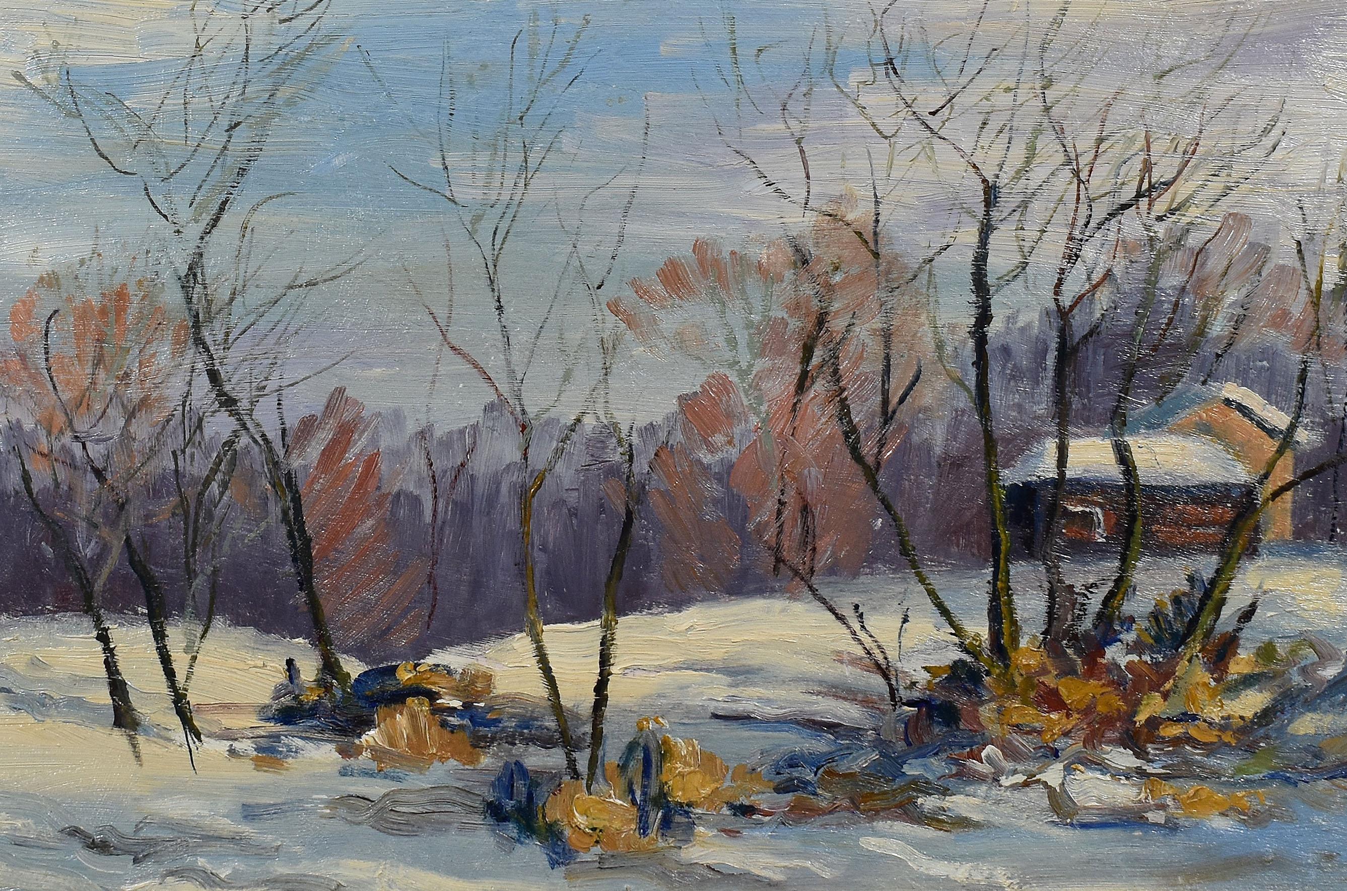 Antikes antikes amerikanisches impressionistisches Winterschneelandschaft, signiertes Ölgemälde (Braun), Landscape Painting, von Will Hutchins