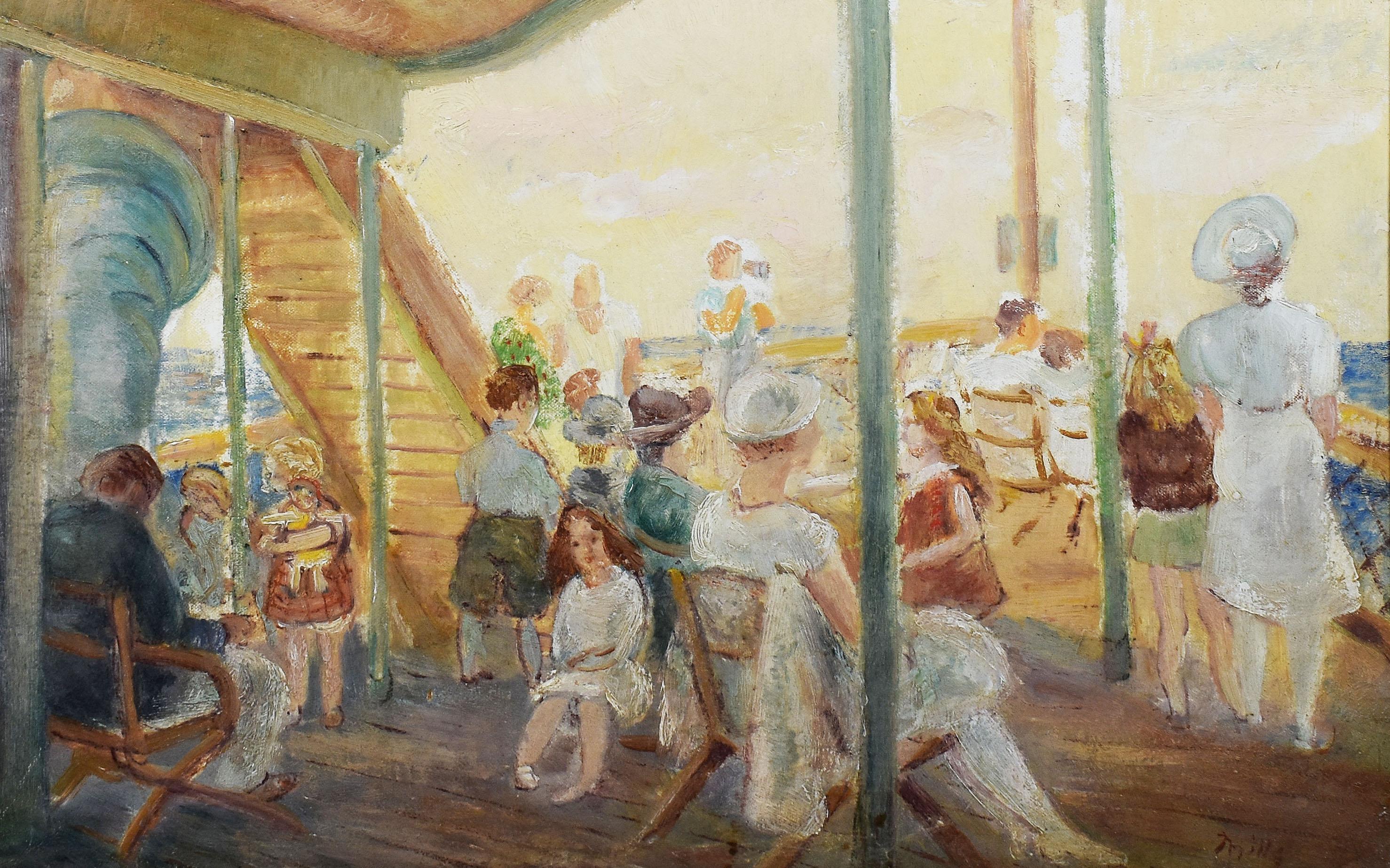 Antique American Modernist WPA Ashcan Staten Island Ferry Ride 1920 Oil Painting - Gray Figurative Painting by Hugh Lauren Mills