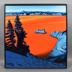 Vintage American Modernist Landscape Signed Mountain Lake Landscape Oil Painting