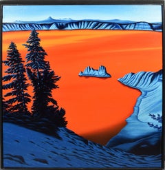 Vintage American Modernist Landscape Signed Mountain Lake Landscape Oil Painting
