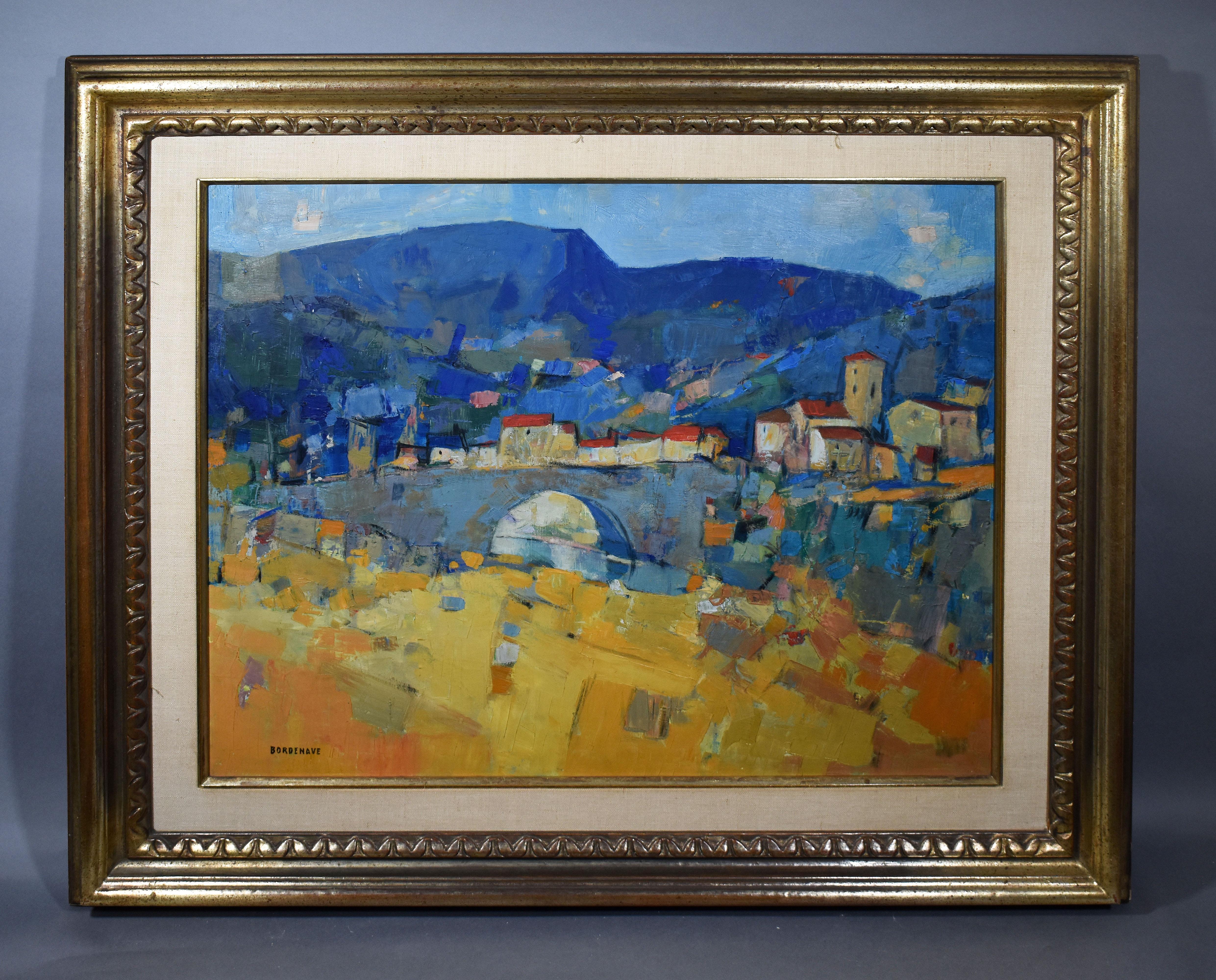 Modernist abstract landscape painting by Pierre Bordenave  (1900 - 1970).  Oil on canvas, circa 1945.  Signed.  Displayed in a modernist frame.  Image size, 28