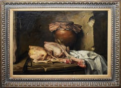 Ancienne peinture russe en trompe-l'œil ancienne - Nature morte de cuisine réaliste - Signé