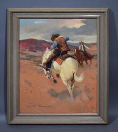Vintage American Impressionist Western Cowboy on Horseback Signed Oil Painting