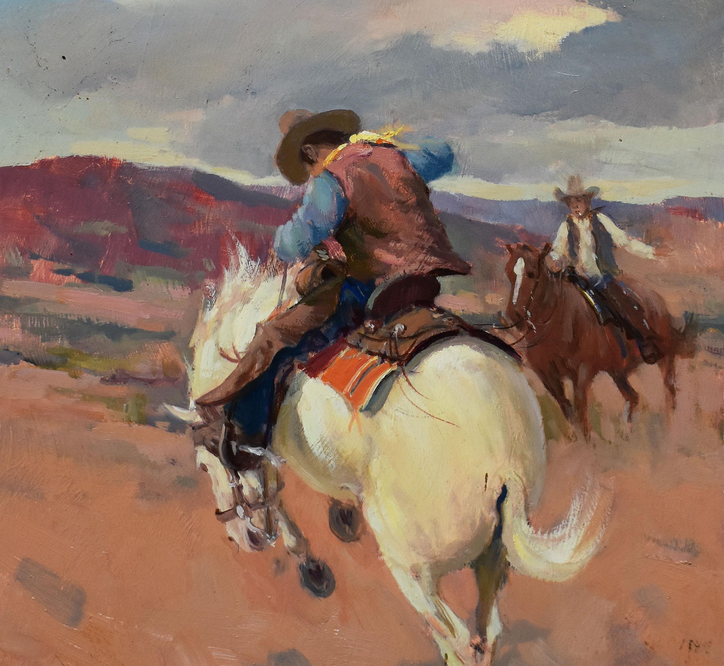 Vintage American Impressionist Western Cowboy on Horseback Signed Oil Painting - Brown Landscape Painting by Robert Wagoner