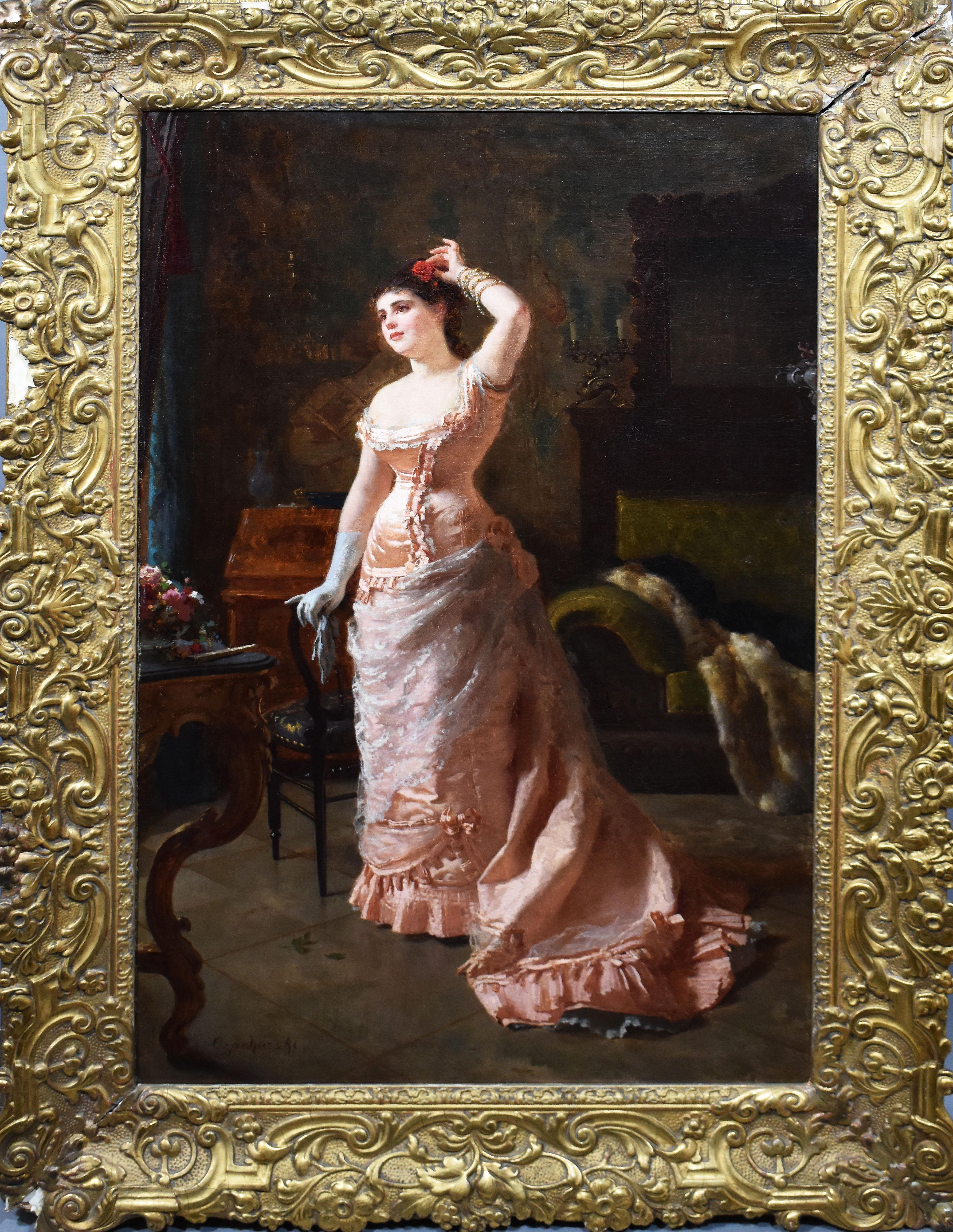 Wladyslaw Czachorski Portrait Painting - Antique Polish Classical Interior Young Woman Portrait Signed Rare Oil Painting