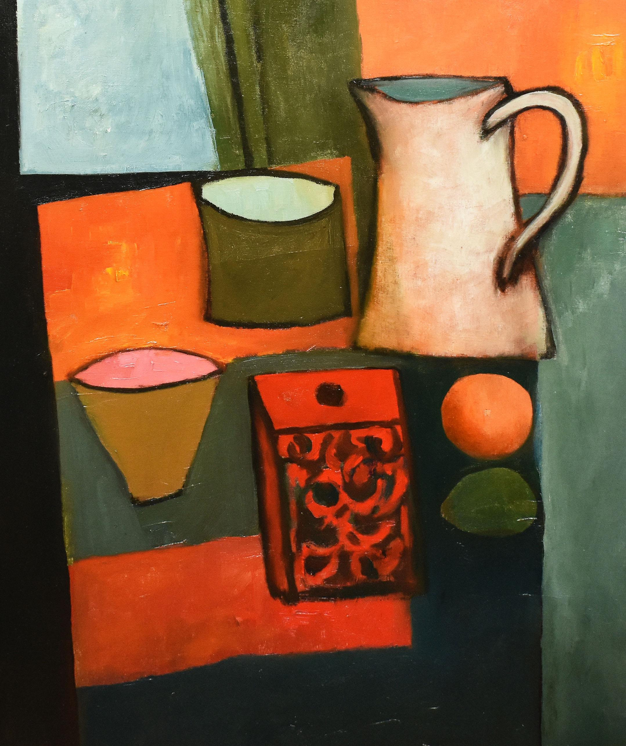 Vintage Scottish Modernist Abstract Kitchen Table Still Life Signed Oil Painting - Brown Abstract Painting by David McClure