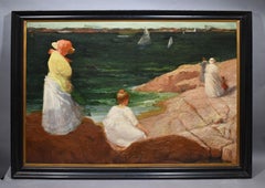 Antique American Impressionist New England Coastal Beach Stroll Oil Painting