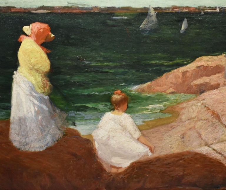 Antique American Impressionist New England Coastal Beach Stroll Oil Painting For Sale 1