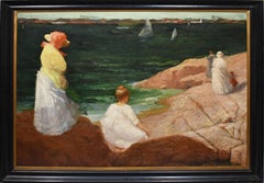 Antique American Impressionist New England Coastal Beach Stroll Oil Painting
