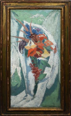 Antique American Modernist Still Life Signed Floral New York 1920 Oil Painting