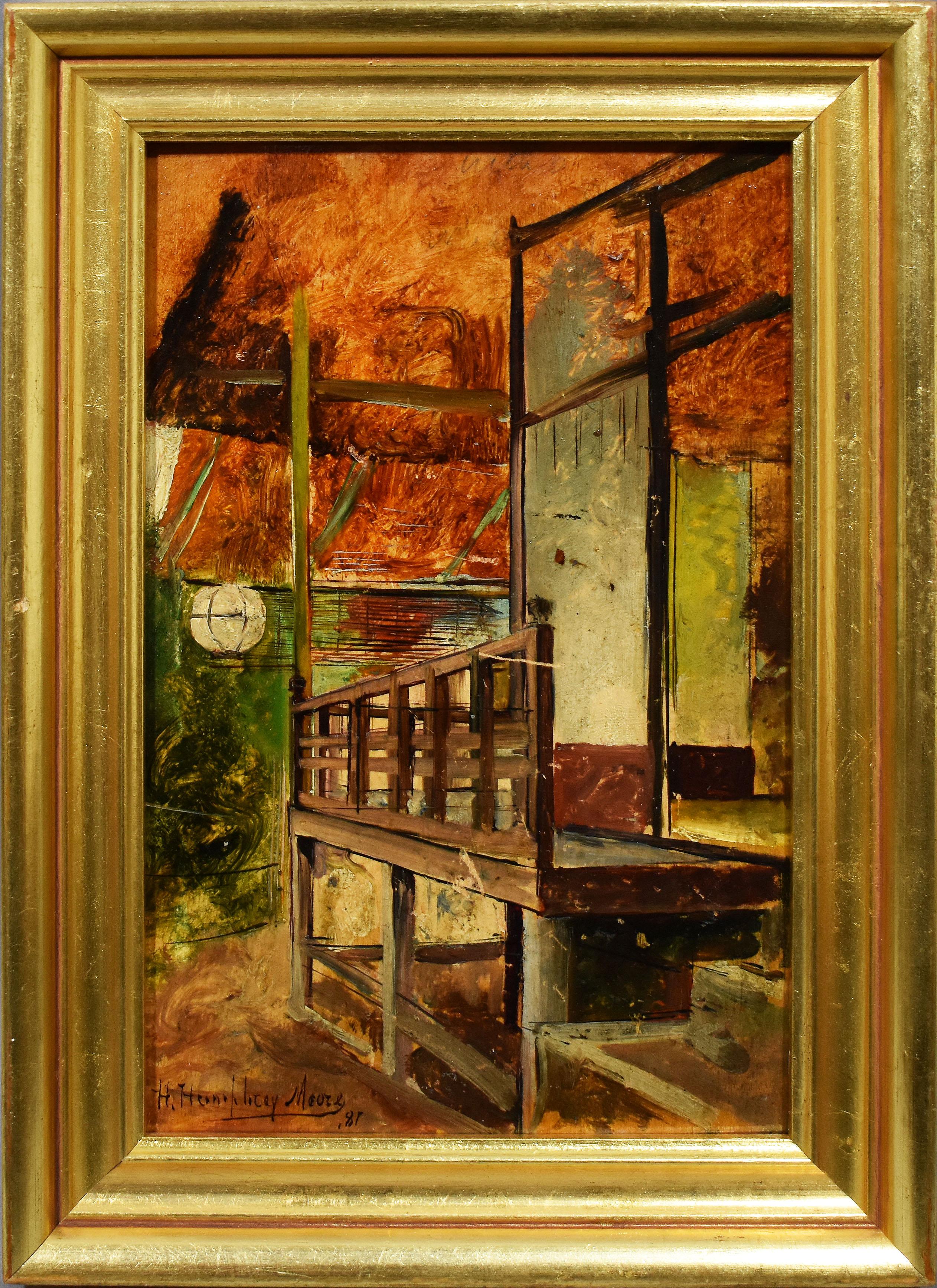 Harry Moore Interior Painting - Antique American Impressionist in Japan Interior Signed Original Oil Painting