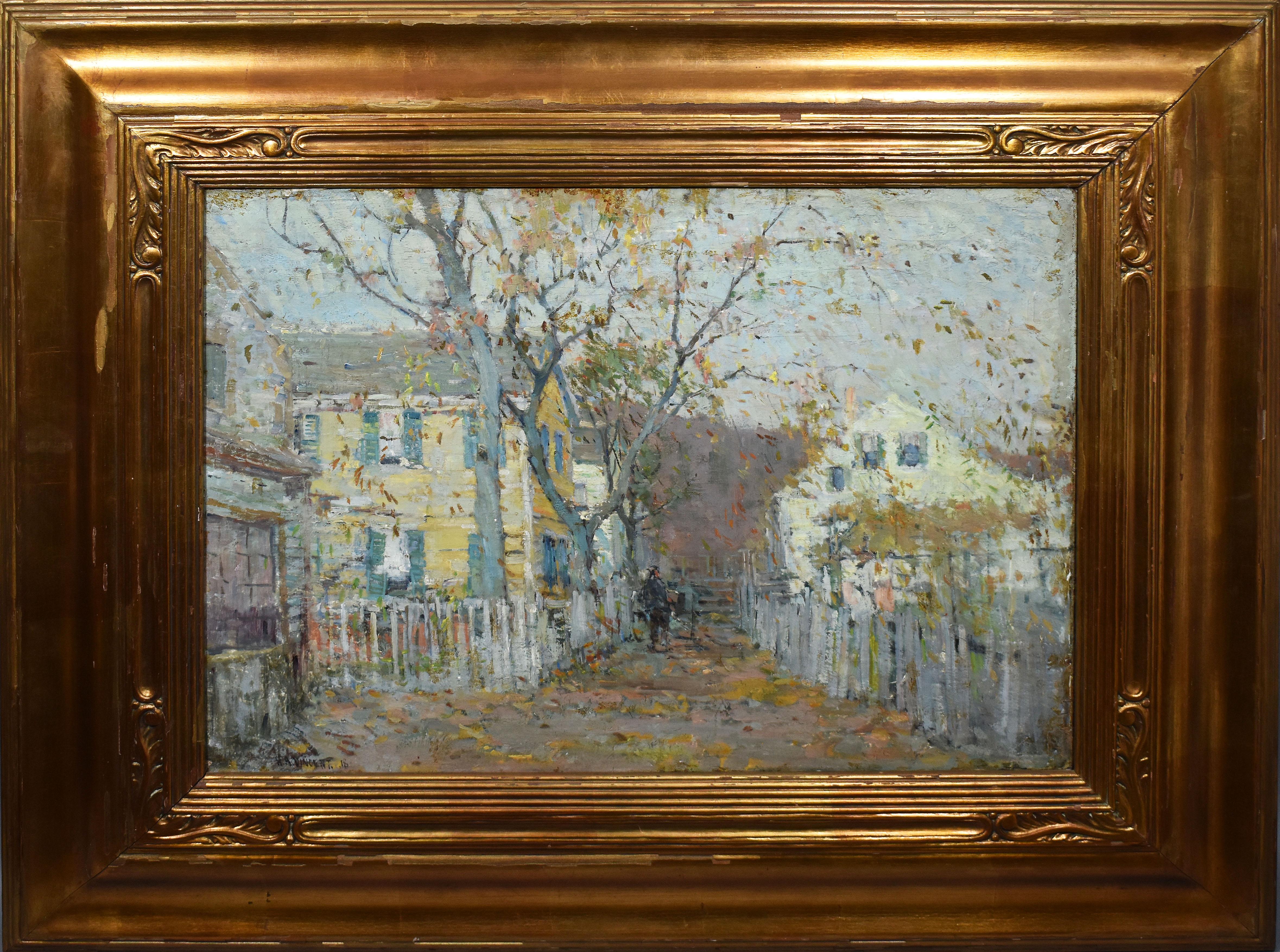 Harry Aiken Vincent Figurative Painting - Antique American Impressionist Rockport Street Scene Large 1918 Oil Painting