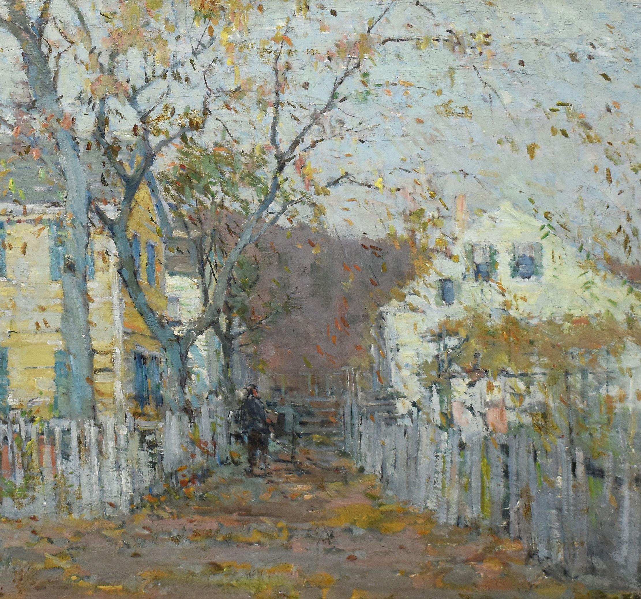 Antique American Impressionist Rockport Street Scene Large 1918 Oil Painting - Brown Figurative Painting by Harry Aiken Vincent