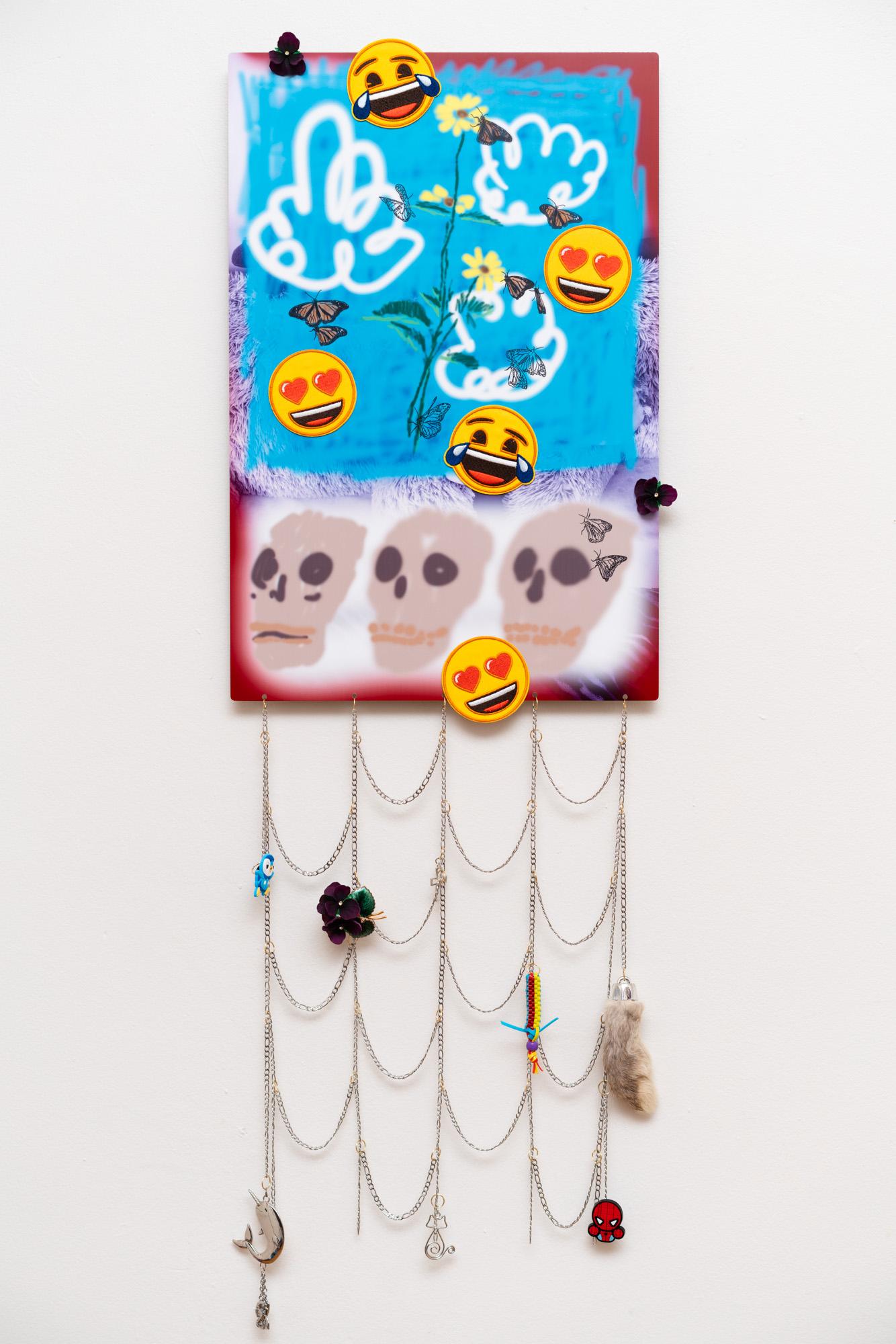 Highly conceptual mixed media wall sculpture Contemporary skull emoji jewelry