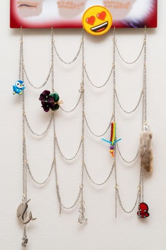 Highly conceptual mixed media wall sculpture Contemporary skull emoji jewelry