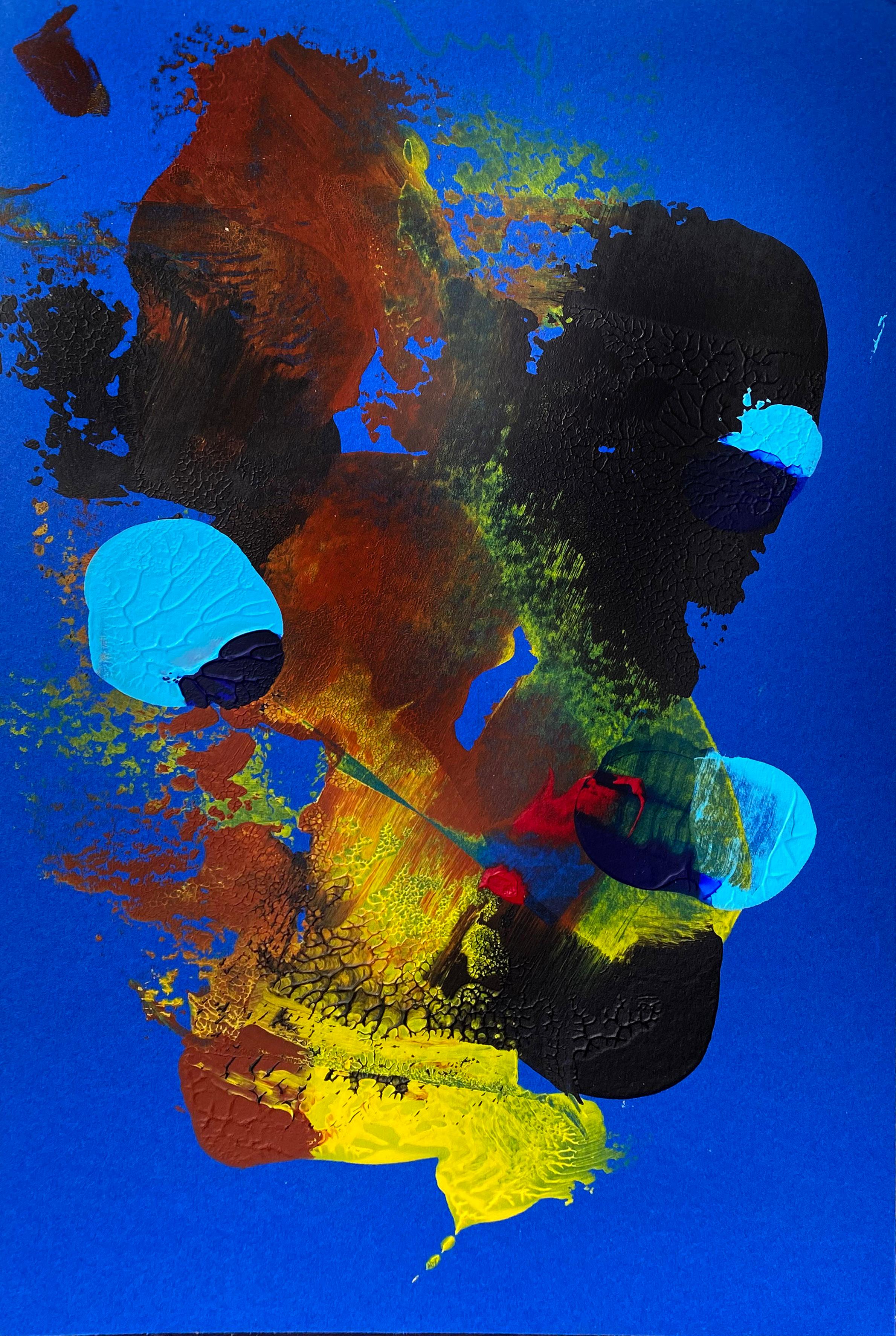Peinture expressionniste abstraite contemporaine rare encadrée bleu, rouge et jaune vif - Painting de Jason Barr