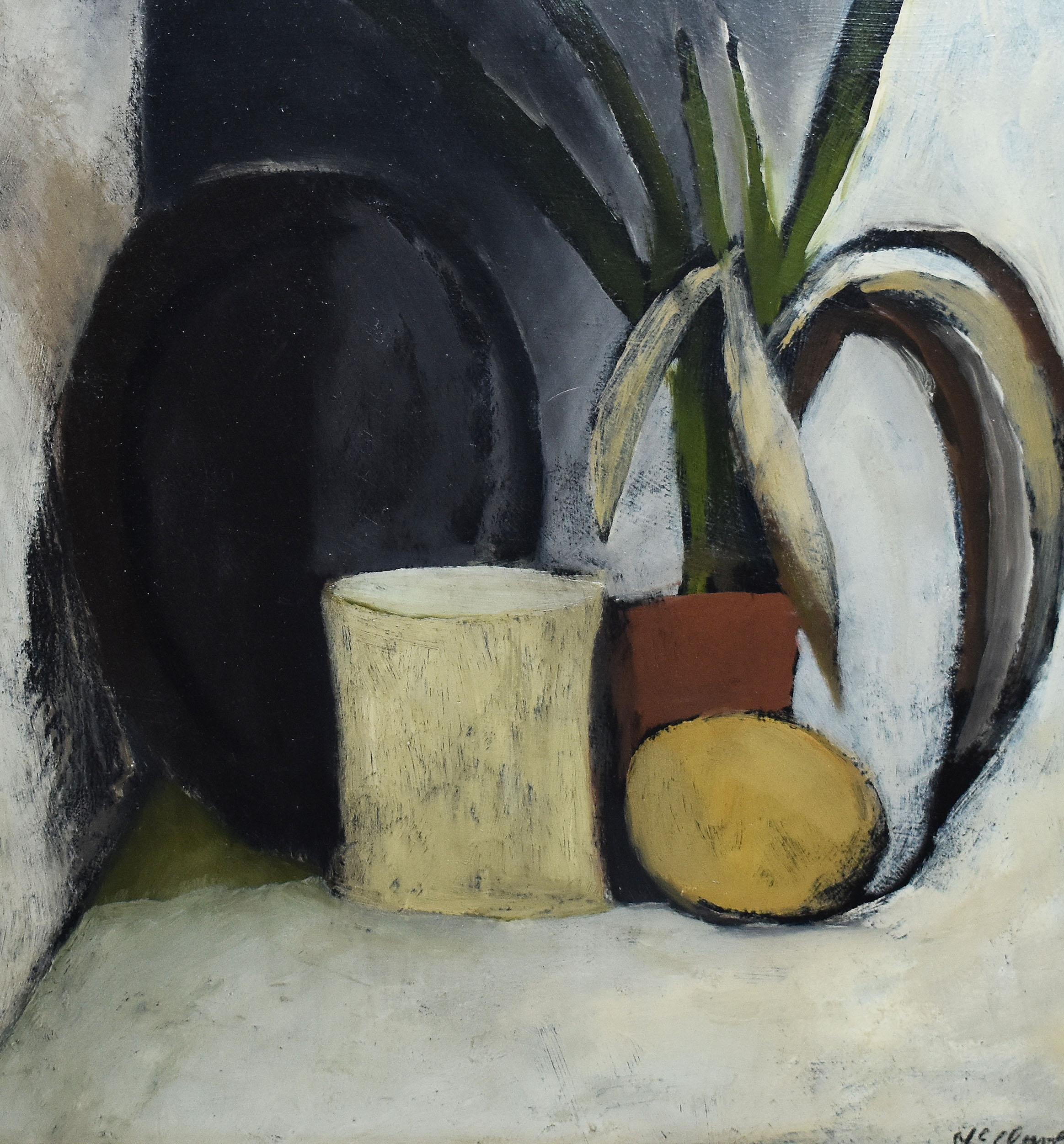 Antique Scottish modernist still life painting by David McClure (1926 - 1998). Oil on board, circa 1957. Signed. Displayed in a period modernist frame. Image size, 11